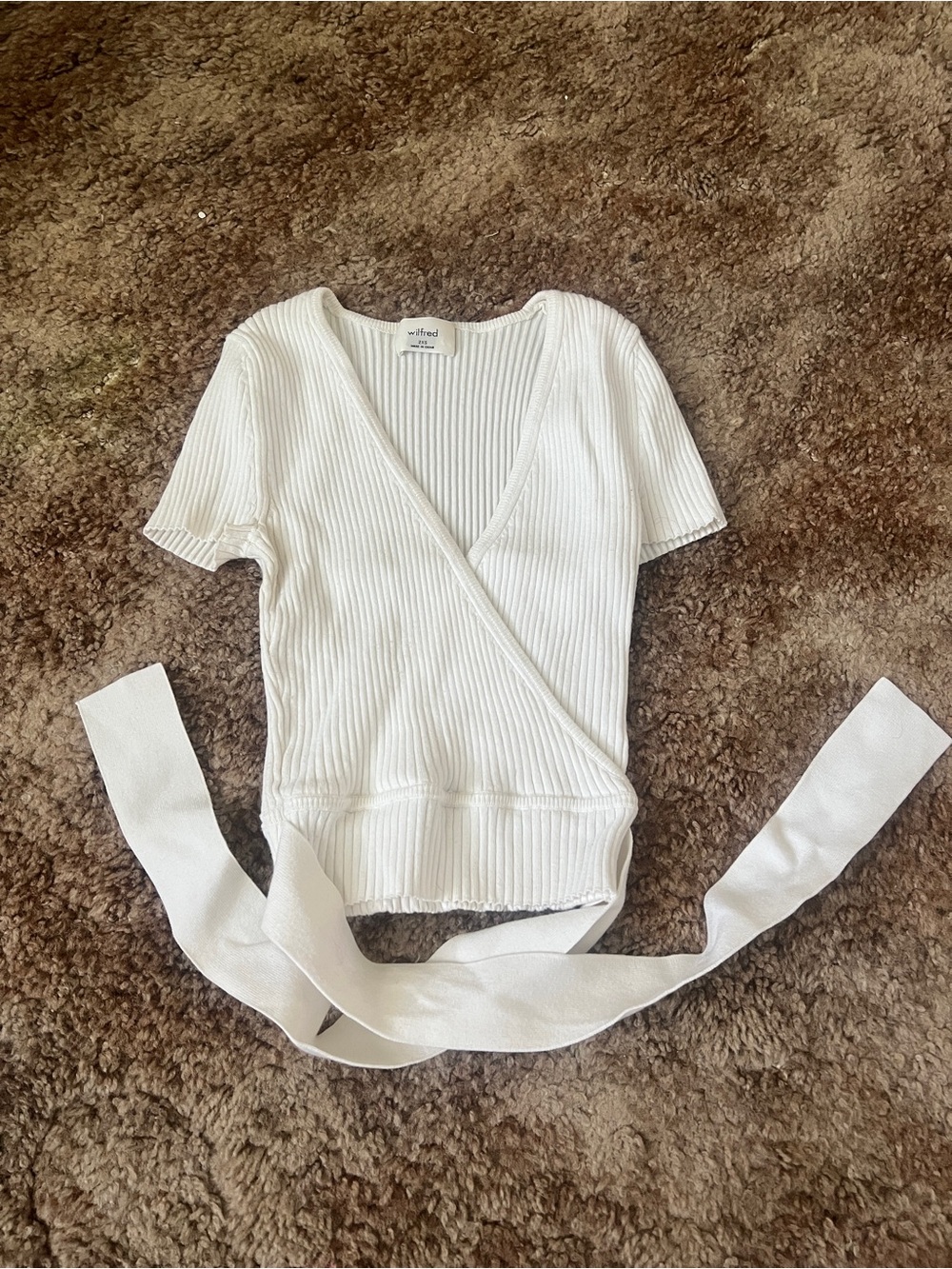 Wilfred Cream Ribbed Wrap Short-Sleeve Top with Waist Tie